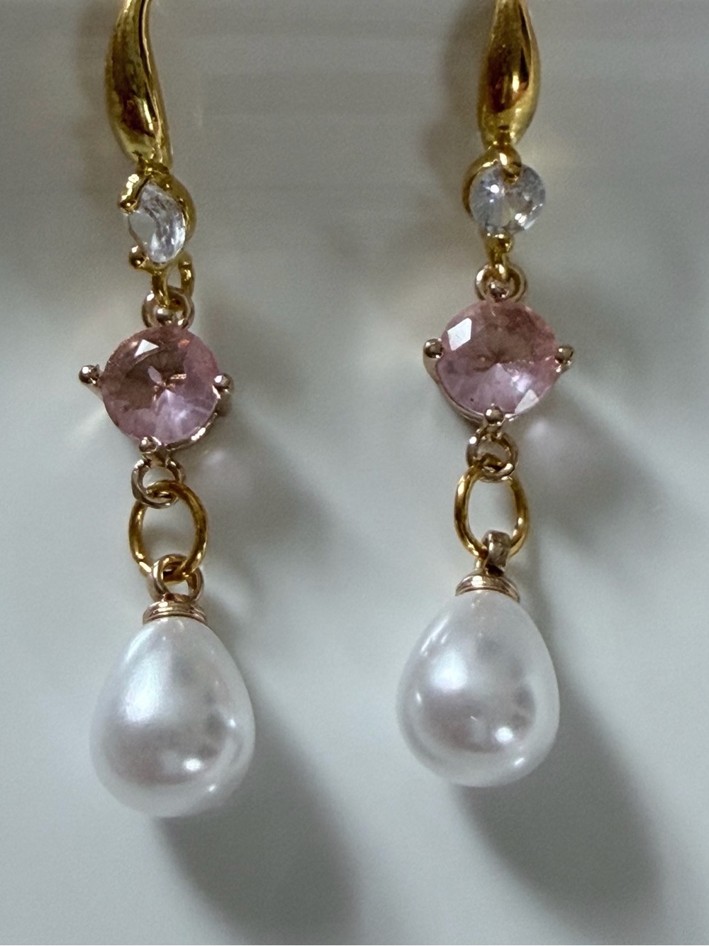 Gold Drop Earrings with Pink Stones and White Pearl Drops